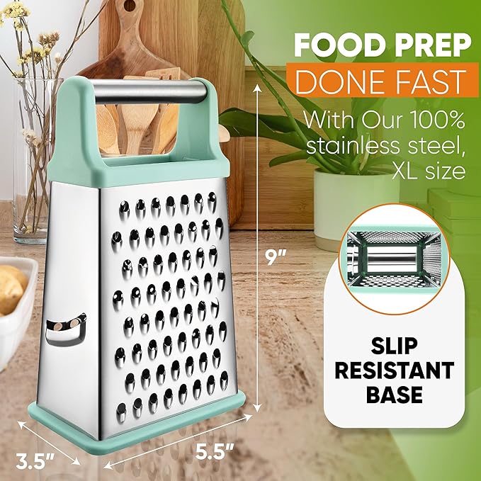 Spring Chef Professional Cheese Grater - Stainless Steel Box Grater for Kitchen, XL Size - Perfect 4 Sided Shredder for Parmesan Cheese, Vegetables, Ginger - Dishwasher Safe - Mint