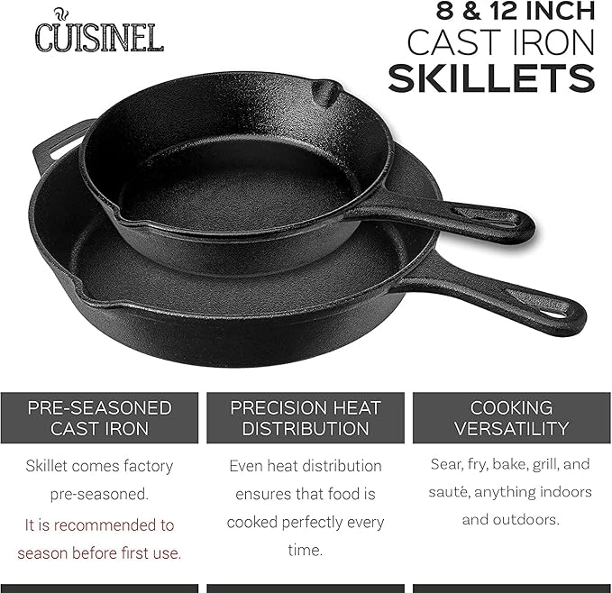 Pre-Seasoned Cast Iron Skillet Set (8-Inch and 12-Inch) Oven Safe Cookware - Heat-Resistant Holders - Indoor and Outdoor Use - Grill, Stovetop, Induction Safe