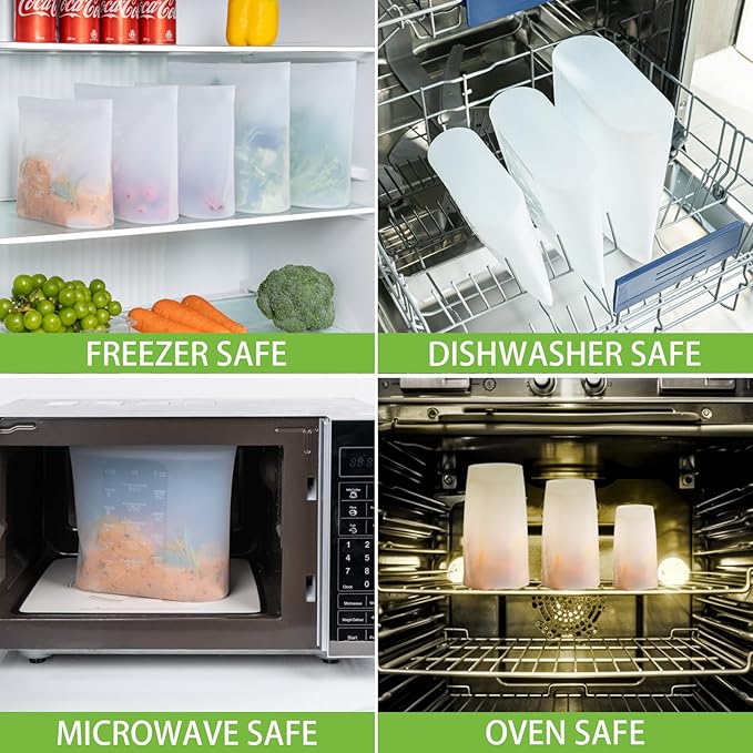 Reusable Storage Bags, Large-Size Set, 12 Pack 100% Silicone Food Storage Bags Stand Up Zip Lock Bags for Food, Freezer Microwave Oven Dishwasher Safe, 4 XL-0.8 Gallon + 4 L + 4 M, Translucent