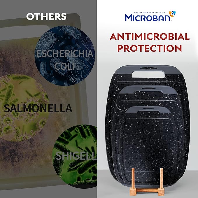 Neoflam Microban Antimicrobial Plastic Cutting Board 3 Sets, BPA Free, Non-Slip EZ Grip Handle, Dishwasher Safe, with Juice Groove