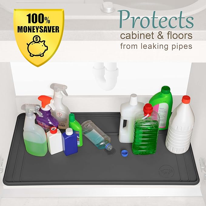 The Original Under Sink Mat - Adjustable Silicone mat, Waterproof Under The Sink Bathroom Vanity Mat - 28" x 19" or smaller