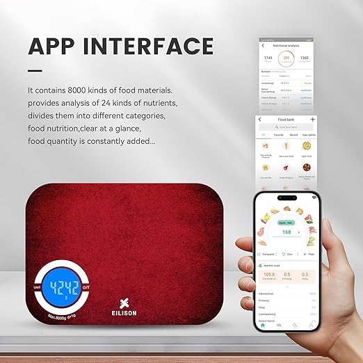 EILISON Smart Digital Food Kitchen Scale with Nutritional Calculator, On-Screen Nutrient Info, Free App for Calorie & Macro Tracking, Personal Goals, for Weight Loss and Keto, 5g-8kg Capacity (Red)