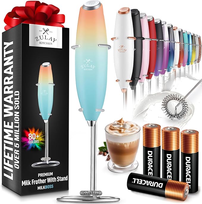 Zulay Kitchen Powerful Milk Frother Wand With 4 AA Duracell Batteries - Ultra Fast Handheld Drink Mixer - Electric Whisk Foam Maker for Coffee, Lattes, Cappuccino, Matcha & Creamer