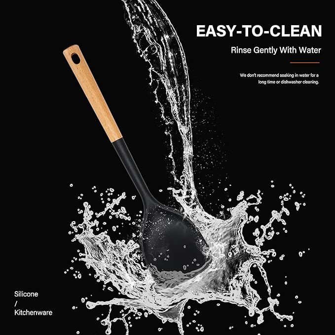 Silicone Cooking Utensils Set, Heat Resistance Large Kitchen Utensils Set with Long Wooden Handle, BPA-free Silicone Spatula, 6 Pcs Cooking Spoons for Non Stick Frying Pans and Pots（Black）