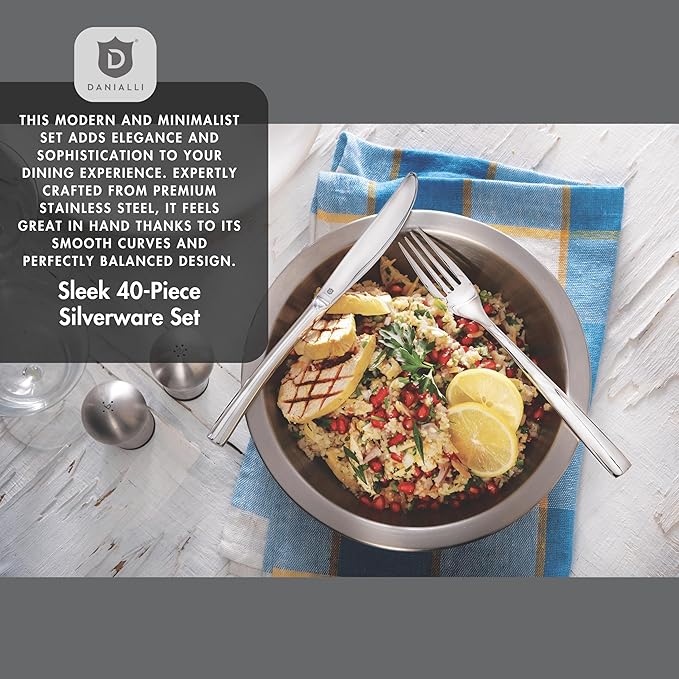 Modern Sleek Silverware Set - 18/10 Stainless Steel Flatware Set for Elegant Dining - Dishwasher Safe Cutlery Set - Built to Last Commitment (40-Piece)