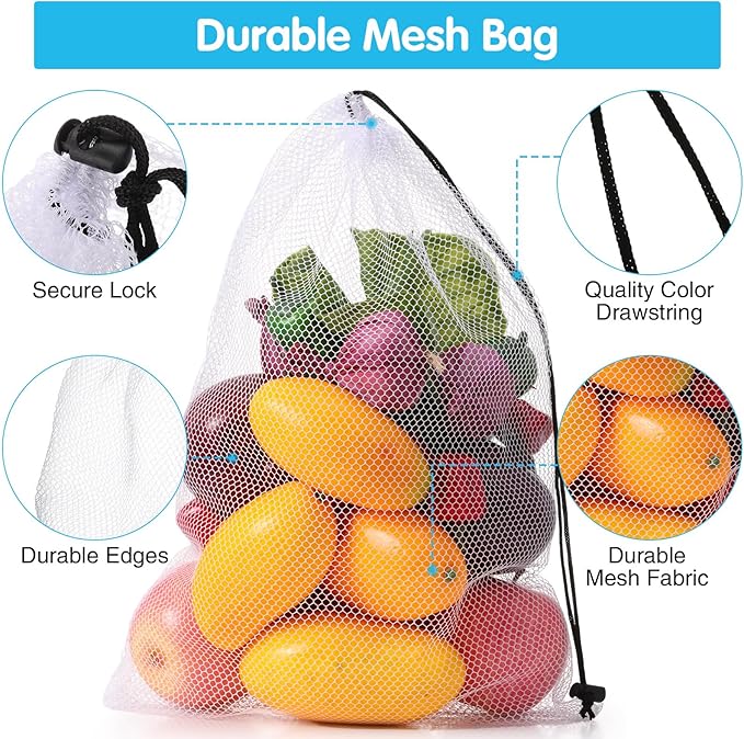 Frienda 20 Pcs Mesh Bags for Toys Storage 3 Sizes Reusable Produce Bags with Drawstring for Beach Bath Pool Toy Organizer, Fruits Vegetable Grocery Playroom Storage(Black, Gray, Blue)