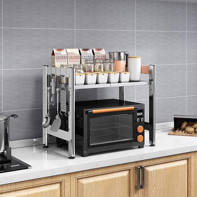 Extendable Microwave Oven Rack，Adjustable Microwave Stand Kitchen Counter Shelf Kitchen Utensils Storage, Stainless Steel 2-Tier Over Microwave Shelf Countertop Organizing Rack with 4 Hooks（S）