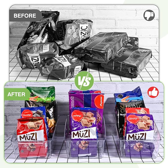 4 Pack Clear Pantry Organizer Storage Bins Removable Snack Organizer Plastic Cabinet Organizers Racks with 3 Dividers, Refrigerator Bins, Kitchen Storage