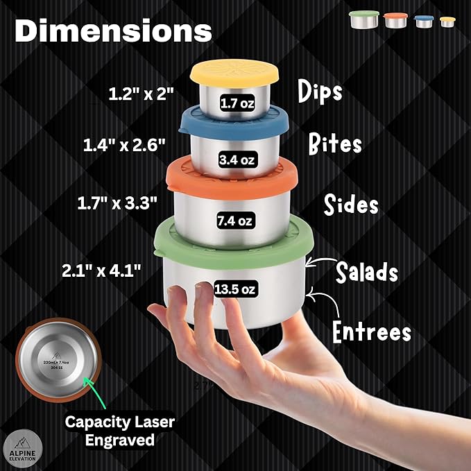 8 Pcs - 4 Stainless Steel Containers + 4 Silicone Lids | 304 Stainless Steel Snack Container | Nesting Snack and Dip Containers | Metal Food Storage
