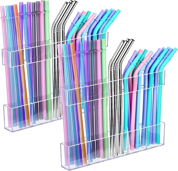 2Pack 9.5" Large Acrylic Straw Holder for Cabinet Door – Kitchen Cabinets Straws Organizer, Reusable Tumbler, Small Kitchens Accessories Storage Container (Transparent)