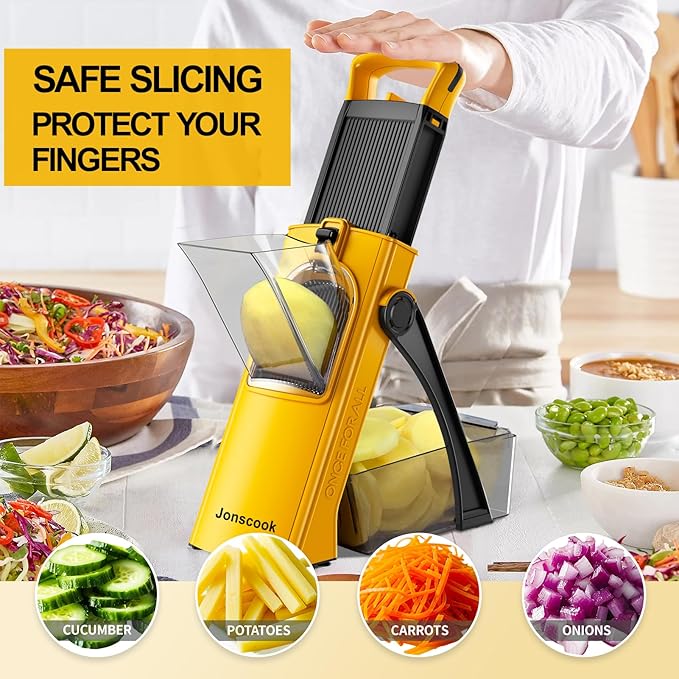 Safe Mandoline Food Slicer For Kitchen, Multifunctional Veggie Chopper Vegetable Cutter Slicer Dicer, All in 1, can Slice, Strips, Shred, Dice-Yellow