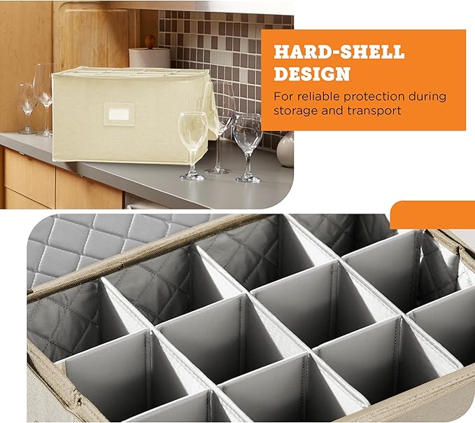 storageLAB Wine Glass Storage Containers, Hard Shell Organizer for Stemware and Glassware Sets, Stackable Wine Glass Storage Box with Dividers for Kitchen and Moving Supplies - 1 Pack, Cream