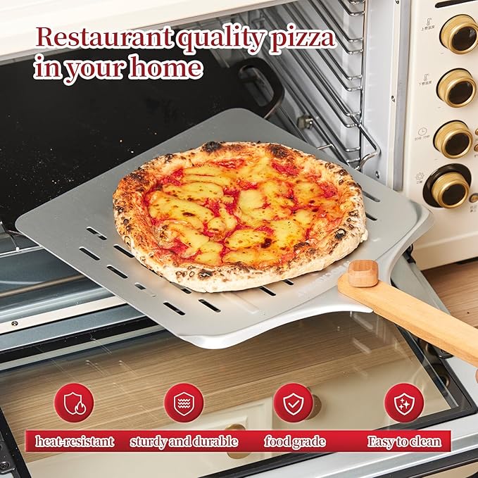 15x12 Inch Pizza Stone & 12 Inch Rotatable Pizza Peel Set, Baking Stone with Non-Stick Aluminum Peel, Spatula with Beech Wood Handle, Cordierite Bread stone for oven