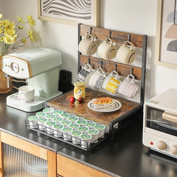 IBUYKE Coffee Pod Drawer, Rustic Coffee Mug Holder for Countertop, 8 Hooks and 35 Capsules Capacity, Coffee Station Organizer with Mug Hooks, Wood Mug Tree Holder for Kitchen Coffee Bar,TCJ003H