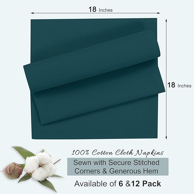 Ruvanti Cloth Napkins Set of 6, 18x18 Inches, 100% Cotton, Washable, Soft & Absorbent, Perfect for Wedding, Christmas, ‎Thanksgiving Dinners - Deep Teal