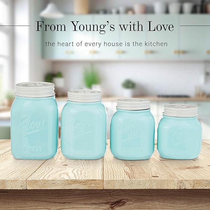 Young's Inc. 4 Pcs Set Vintage Ceramic Canisters- Storage Container for Kitchen and Bathroom - Beautiful Home Decor Accent to Store Food, Coffee, Tea, and More - Sky Blue