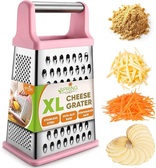 Spring Chef Professional Stainless Steel XL Parmesan Cheese Grater with Handle - 4 Sided Box Grater for Kitchen - Dishwasher Safe Carrot Shredder for Potato, Vegetables, Ginger - Pink Lemonade