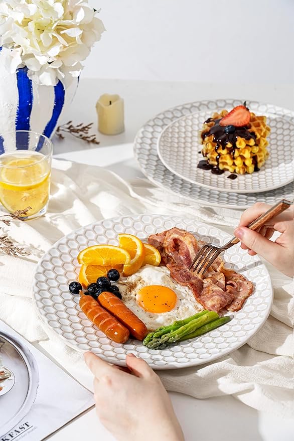 Dinnerware Sets for 4, Ceramic Microwave Safe Plates and Bowls Sets, 12 Piece Matte Chip Resistance Dish Set, Home Essentials Embossment Stoneware Dinnerware Set, Wedding Gift