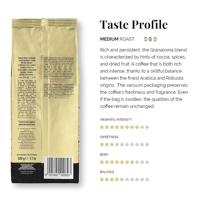 Caffe Vergnano 1882 Gran Aroma Whole Bean Arabica Medium Espresso Roast Coffee, Italian Coffee Beans Notes of Cocoa, Spices and Dried, Intensity 8/10, 3.3 lbs