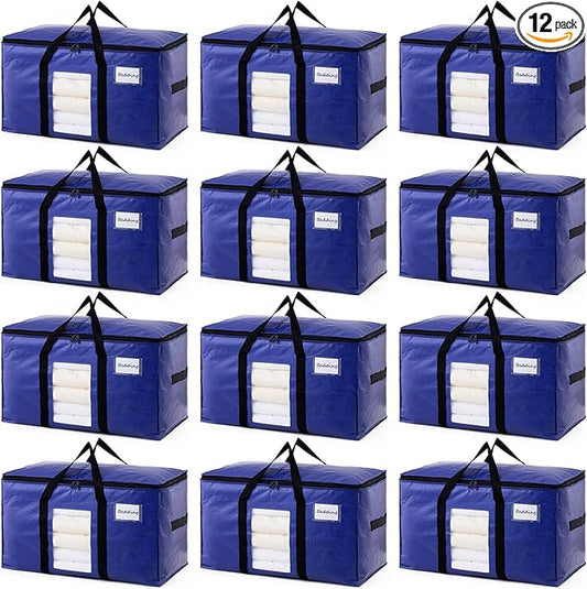 TAILI 12 Pack Dark Blue Extra Large Moving Bags, Heavy Duty Totes with Visible Window, Wrap Around Handles, Great for Space-Saving