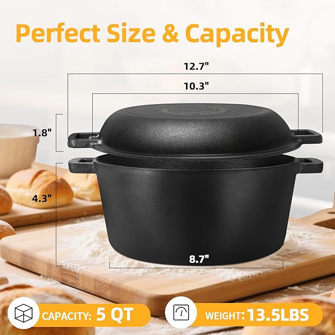 Pre-Seasoned Cast Iron Dutch Oven Pot with Skillet Lid, 5 Qt Bread Dutch Oven Includes Proofing Basket Sourdough Starter Kit for Bread Baking, Camping, Frying and Braising