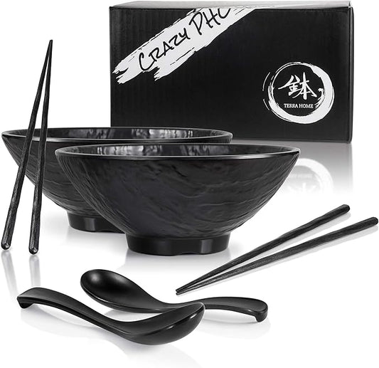 Ramen Bowl and Spoon Set with Chopsticks - Large Pho Bowls and Spoons Set Unbreakable Japanese Melamine Ramen Bowl - 6 Piece Matte Black Asian Ramen Noodle and Soup Bowls - 54 Ounce