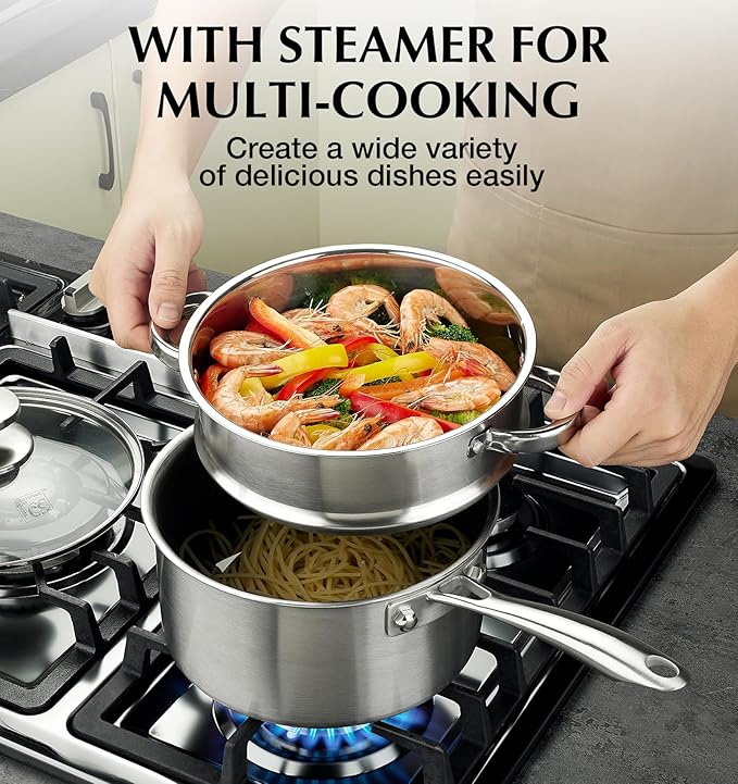 KOCH SYSTEME CS Hybrid Nonstick Stainless Steel Saucepan Set with Steamer Insert, 7PCS Triply Stainless Steel Pot Set 1Qt, 2Qt & 3Qt, 18/10 Steel Sauce Pan Set with Lids, Induction & Oven Safe