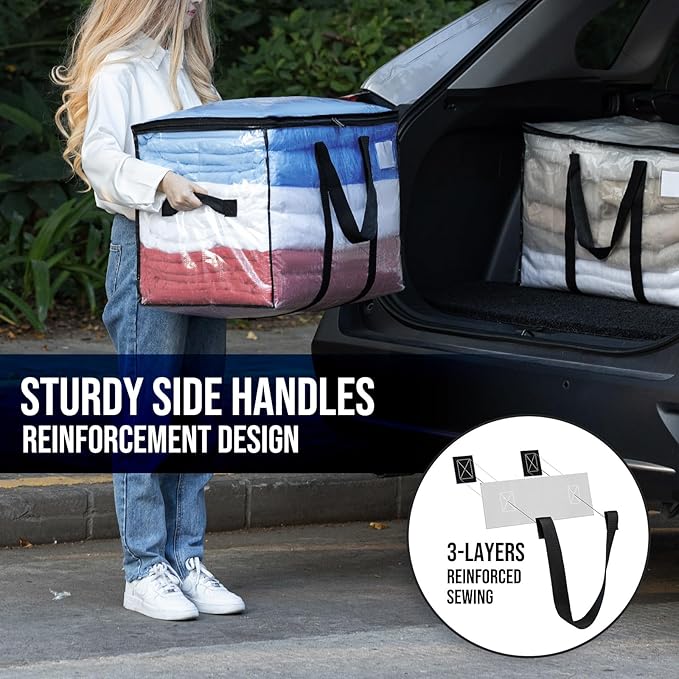 TAILI Extra Large Moving Bags, 2 Pack Clear Heavy Duty Totes for Storage with Visible Window, Wrap Around Handles, Storage Bags for Space Saving, Alternative to Moving Boxes