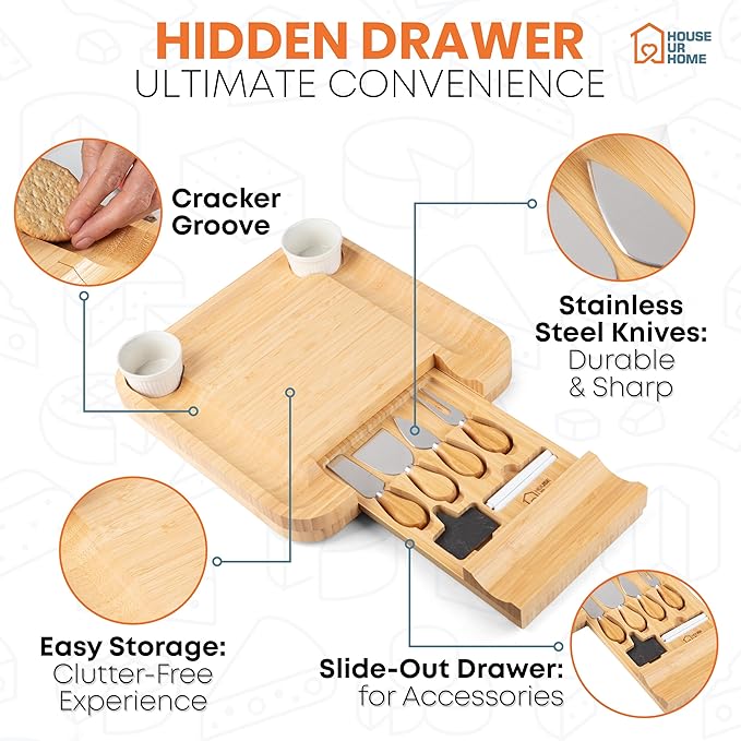 Large Bamboo Charcuterie Boards Gift Set with Hidden Drawer, Side Fruit Tray, Cheese Knife Set, Ceramic Bowls, Recipe Book - House Warming Gifts New Home