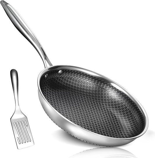 10 Inch Nonstick Frying Pan, Stainless Steel Skillet with Honeycomb Surface, Induction Compatible, Oven & Dishwasher Safe, PFAS-Free Cookware