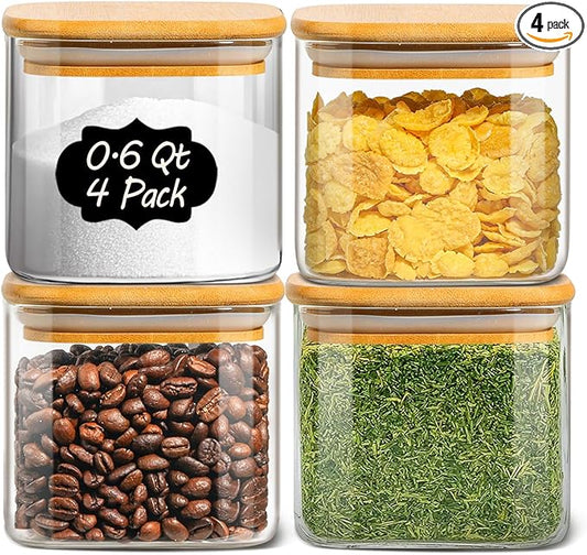 Glass Storage Jars with Bamboo Lid,Airtight Kitchen Canisters for Baking, Food Jar Container for Spices Cookie Tea Coffee Beans Snacks (4 pack 0.6qt)