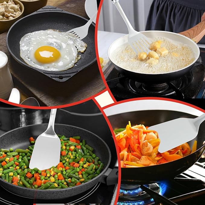 2 Pcs Stainless Steel Spatulas Set,14.2 Silver Slotted Turner, Solid Turner, Kitchen Cooking Utensils Set, High Heat Resistant, Grilling Frying Serving Food, Easy to Clean