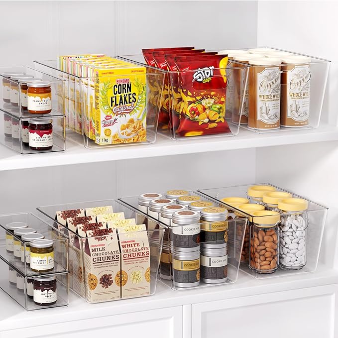 Set of 4 Clear Plastic Storage Bins, 2 Large +2 Small Pantry Organizers and Storage Containers for Kitchen Organization, Home Storage Essentials for Cabinet, Office, Garage, Freezer& Bathroom