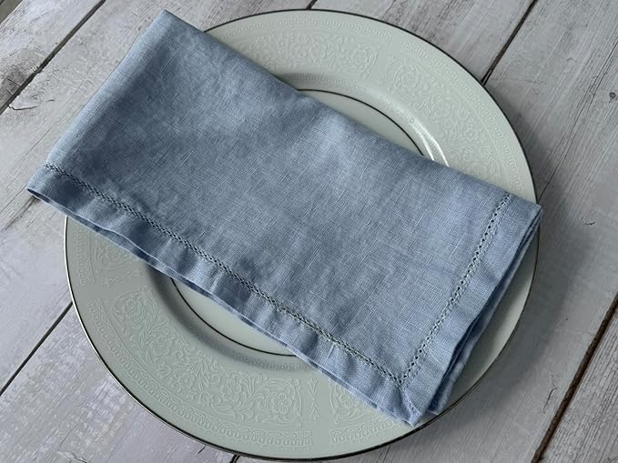 Hemstitched Linen Napkins – 20 Inch x 20 Inch – Stonewashed Pure Linen Cloth Dinner Napkins with Mitered Corners - 100% French Flax – Machine Washable - Set of 4 (Dusty Blue)