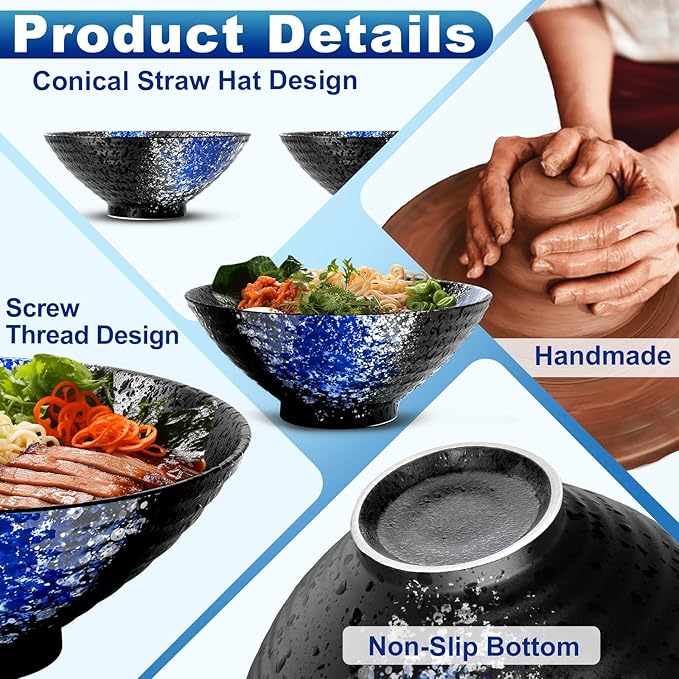 8-Inch Large Ceramic Ramen Bowl Set of 2 (9 Piece) - Microwave & Dishwasher Safe Porcelain Japanese Salad Noodles Cereal Fruit Pasta Soup Bowls with Recipes Chopsticks Forks Spoons for Men Women Gift