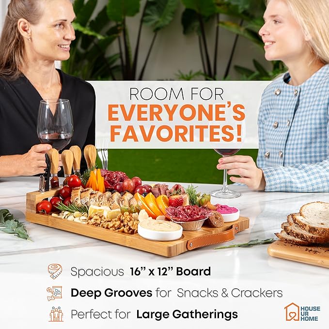 Bamboo Charcuterie Boards Gift Set with Leather Handles, Knife Set, Wine Opener, Ceramic Bowls & Forks, Recipe Book - House Warming Gifts New Home