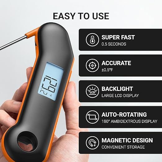 Professional Meat Thermometer, Instant Read in 0.5 Sec, NIST Certified Accuracy ±0.5°F, IP67 Waterproof, Ambidextrous Backlight, Auto-Rotating Display, for BBQ/Grill/Cooking, Black&Orange