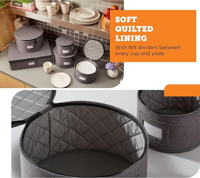 storageLAB China Storage Containers, Hard Shell Case with Felt Dividers for Charger Plates, and Dishes, Ideal for Kitchen Organization, Moving Supplies, and Fine China Storage - 5-Piece Set, Gray