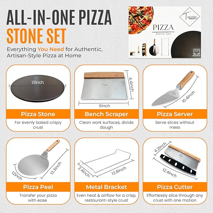 Tenovu Supply 6 Piece Pizza Stone for Oven and Grill with 13" Black Cordierite Stone, Metal Holder/Rack, Stainless Steel Peel, Dough Cutter, Cutter Rocker, and Server - Pizza Oven Accessories