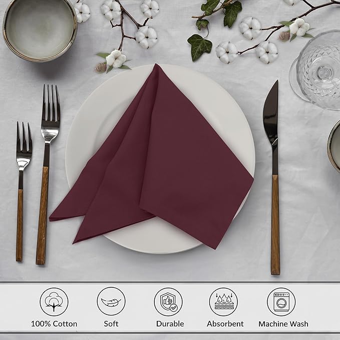 Ruvanti Cloth Napkins Set of 12, 18x18 Inches, 100% Cotton, Washable, Soft & Absorbent, Perfect for Wedding, Christmas, ‎Thanksgiving Dinners - Burgundy