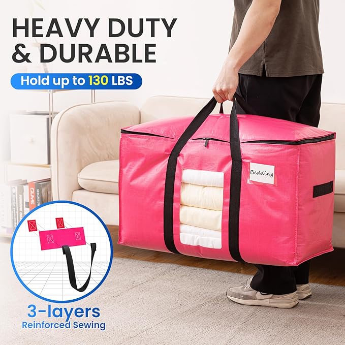 TAILI 2 Pack Pink Extra Large Moving Bags, Heavy Duty Totes with Visible Window, Wrap Around Handles, Space-Saving Storage, Alternative to Moving Boxes