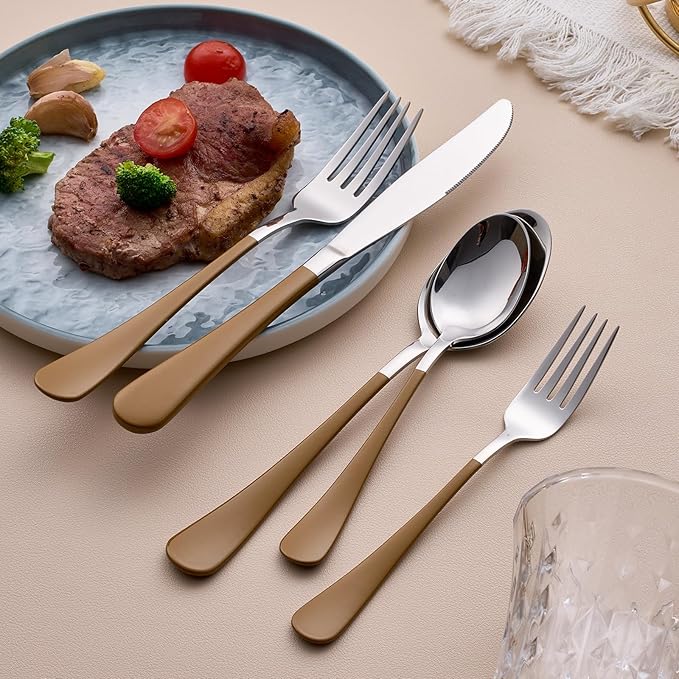20-Piece Brown Silverware Set for 4, 18/0 Stainless Steel Flatware Cutlery Utensils Set, Include Dinner Knives,Dinner Forks,Dinner Spoons,Salad Forks,Teaspoons,Dishwasher Safe