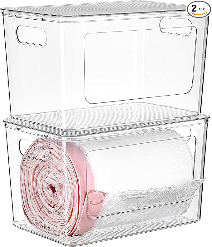 Vtopmart 2 Pack Trash Bag Holder, Stackable Garbage Bag Dispenser for 13/30/33 Gallon Bags, Clear Organizer Bins for Under Kitchen Sink, Laundry Room Organization and Storage