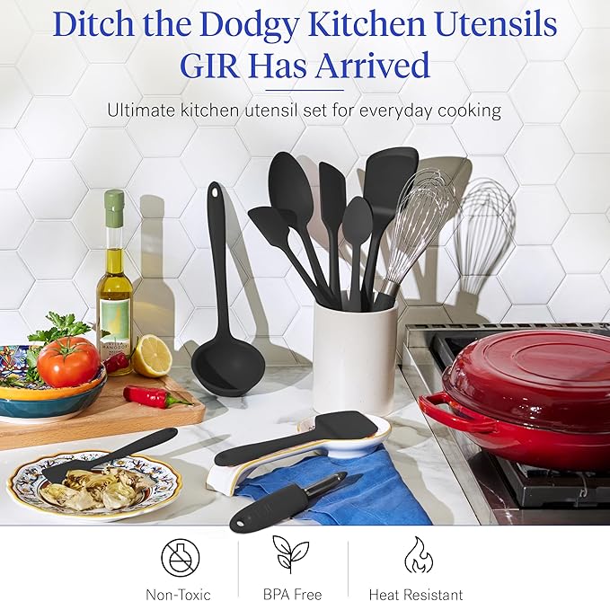 GIR: Get It Right 10-Piece Cooking Utensils Set - Black Silicone - Spatula Set, Silicone Spatulas & Kitchen Spoons - Heat-Resistant up to 425°F - Nonstick Cookware-Friendly - Dishwasher-Friendly
