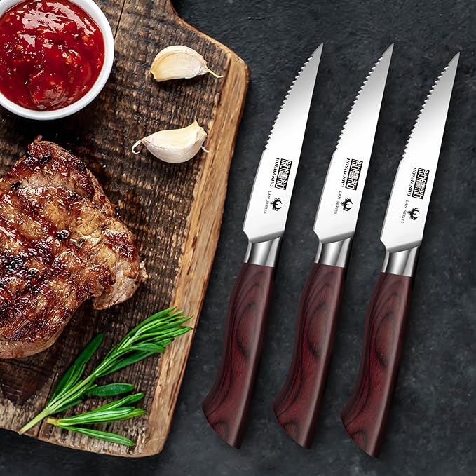 HOSHANHO Steak Knife Set 8 Pieces, 4.5 Inch Super Sharp High Carbon Stainless Steel Steak Knife Set, Professional Premium Serrated Precise Cutting with Ergonomic Wood Handle