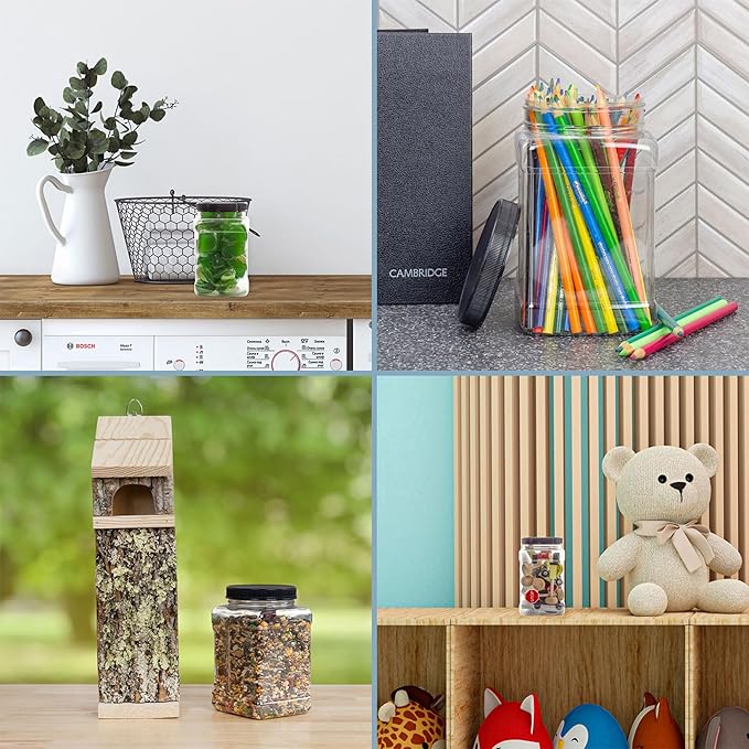 Cornucopia Brands 48oz Square Plastic Jars (3-Pack); Clear Rectangular 6-Cup Canisters w/Black Lids, Easy-Grip Side