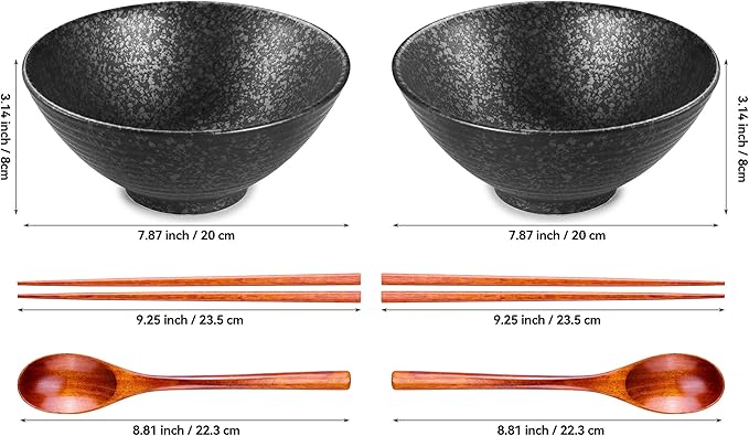 2 x 40 OZ ceramic ramen bowls, 8 IN large Japanese noodle soup bowl, match chopsticks and spoons, suitable for Pho, Udon Asian noodles (Black color 2 set)