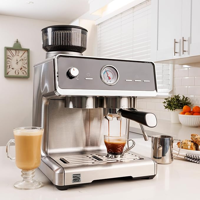 Kenmore Elite Espresso Machine – Automatic Coffee Maker with Auto Tamper, Auto Cleaning, Milk Steamer & Frother, Bean Grinder, Make Professional Barista Style Cappuccino, Café Latte
