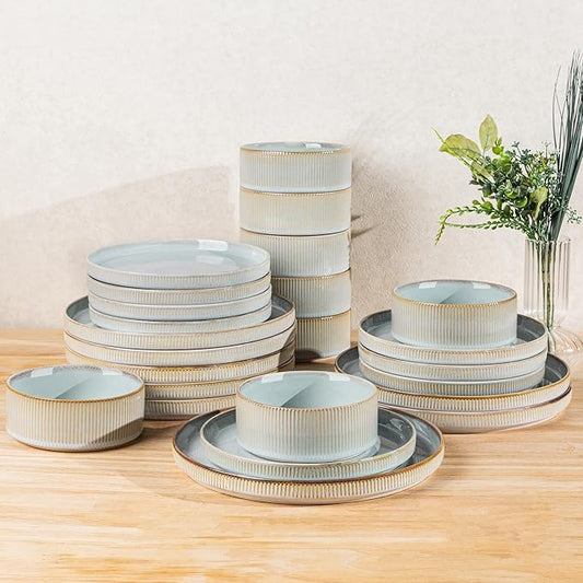 TheTerra Ceramic Dinnerware Sets for 8, 24 Pieces Porcelain Lightweight Speckled Plates and Bowls Sets, Scratch Resistant Dish Set, Oven & Microwave & Dishwasher Safe, Illusion Blue