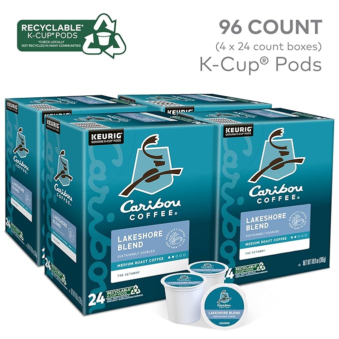 Caribou Coffee Lakeshore Blend Keurig Single-Serve K-Cup Pods, Medium Roast, 24 Count (Pack of 4)